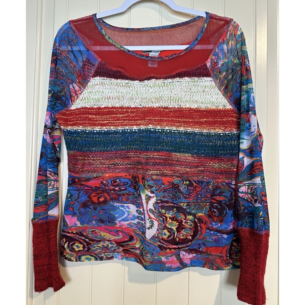 Mirror Image Abstract Print Mesh Knit sweater artsy hippie fairy sz‎ M colorful